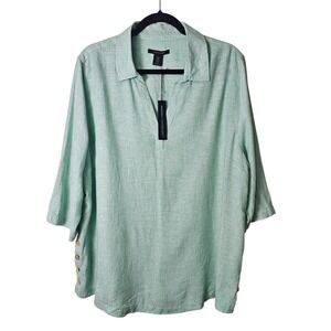 NWT Tahari 1X Green‎ Linen Blend Button Detail 3/4 Sleeve Tunic Top Lagenlook